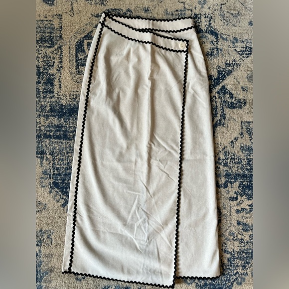 NWT Commense cotton & linen wave trim midi wrap skirt asymmetrical tan black - Picture 9 of 9